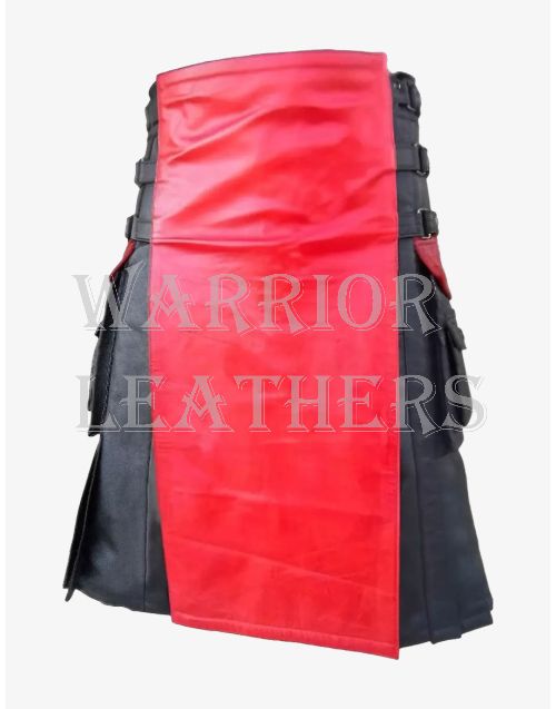 Black & Red Both Side Pocket Leather Kilt