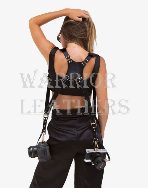 Black Leather & Gold Hardware Camera Harness