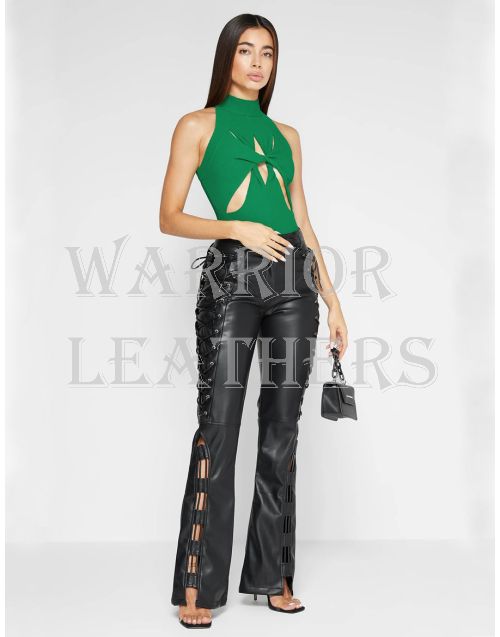 Black Leather Lace Up Pant For Women