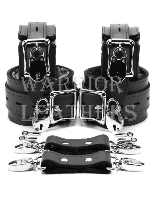 Black Luxury Faux Fur Lined Leather Lockable Bondage Set