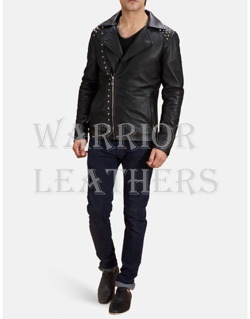 Black Studded Leather Biker Jacket Men