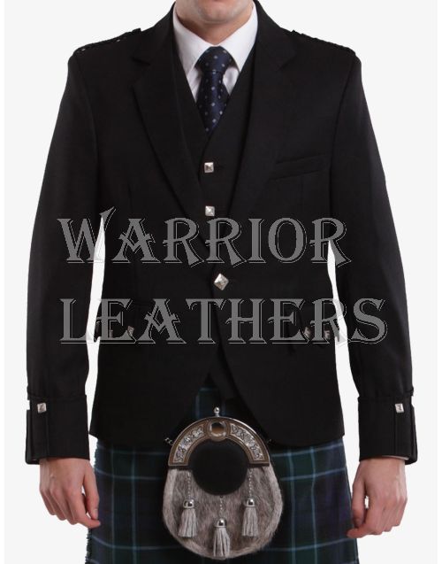 Black Wool Tweed Argyle Jacket And Vest For Men