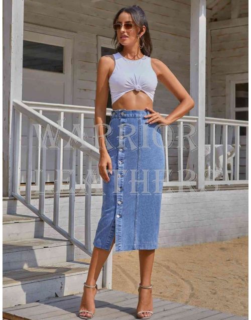 Button Down Indigo Denim Skirt