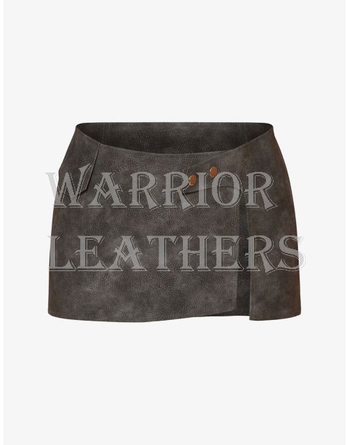 Button Front Grey Leather Mini Skirt