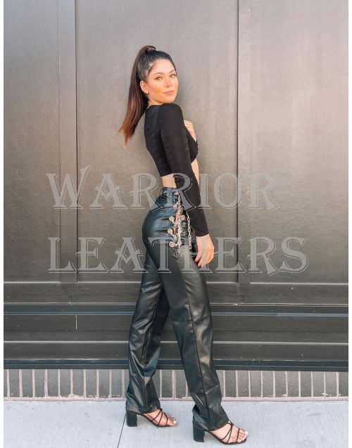 Chain Chic High Waist Faux Leather Pant