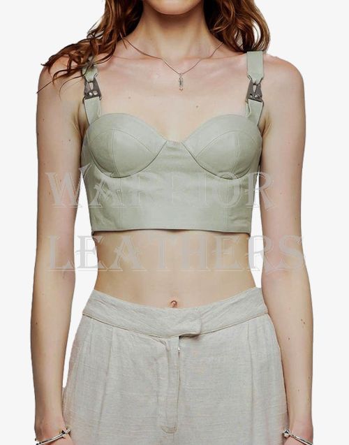 Genuine Cropped Bustier Bone Sexy Leather Bra