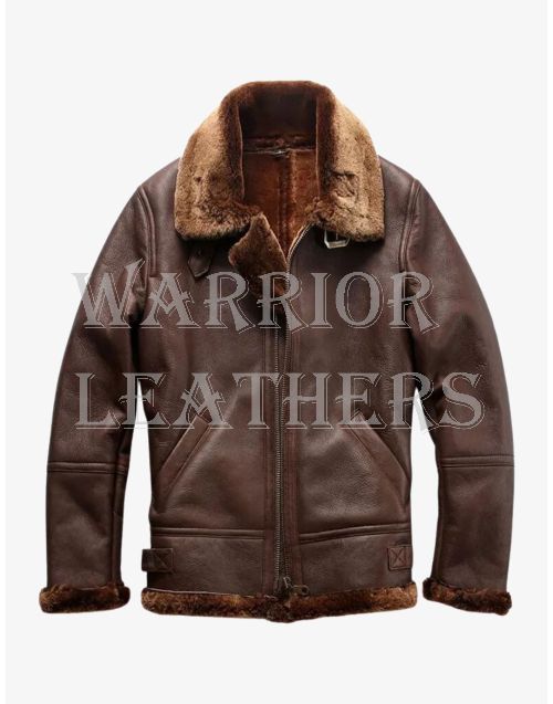 Mens Shearling Leather Fur Collar bomber Jacket