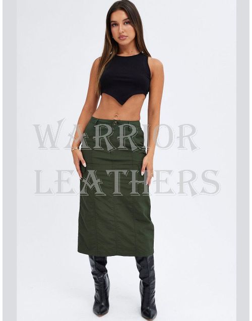 Olive Green Cotton High Rise Cargo Skirt