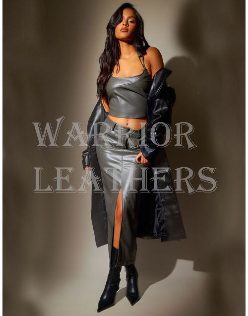 Premium Gray Leather Long Skirt