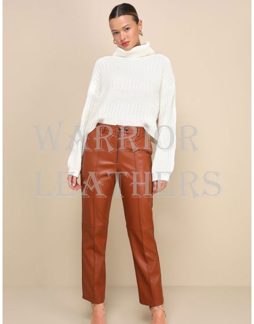 Trendy Leather Front Straight Leg Pant