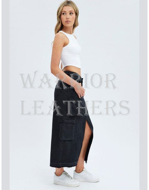 Women Black Genuine Denim Skirt Cargo Pockets