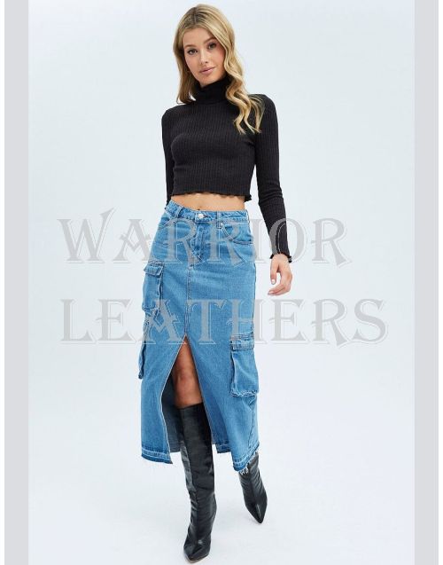 Women Blue Denim Genuine Skirt Cargo