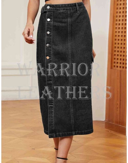 Women Button Down Black Denim Skirt