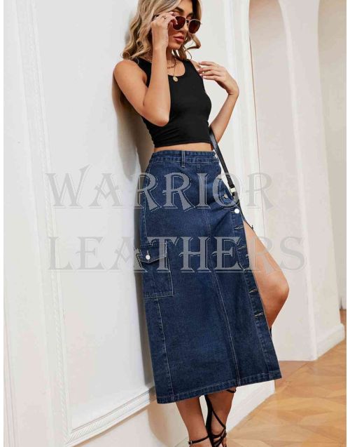 Women Button Down Blue Denim Skirt