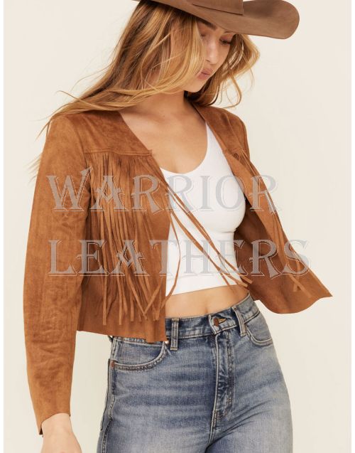 Women Faux Suede Western Fringe Jacket