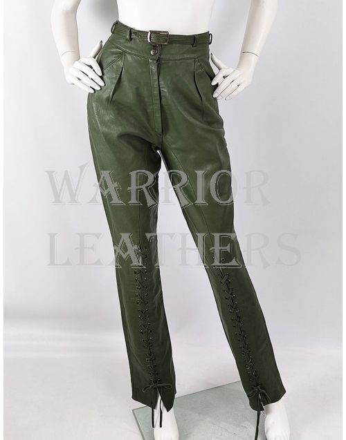 Women Green Real Leather High Waisted Pant