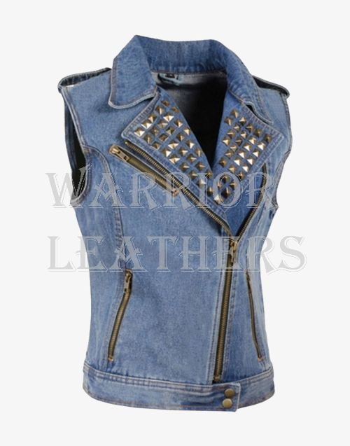 Women Studded Blue Denim Vest